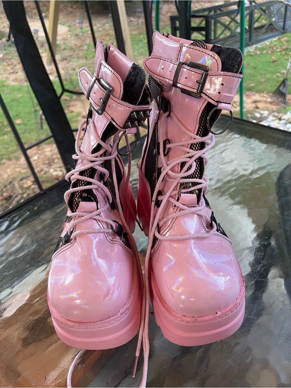 Pink Patent Lace-Up Combat Boots with Buckle Detail